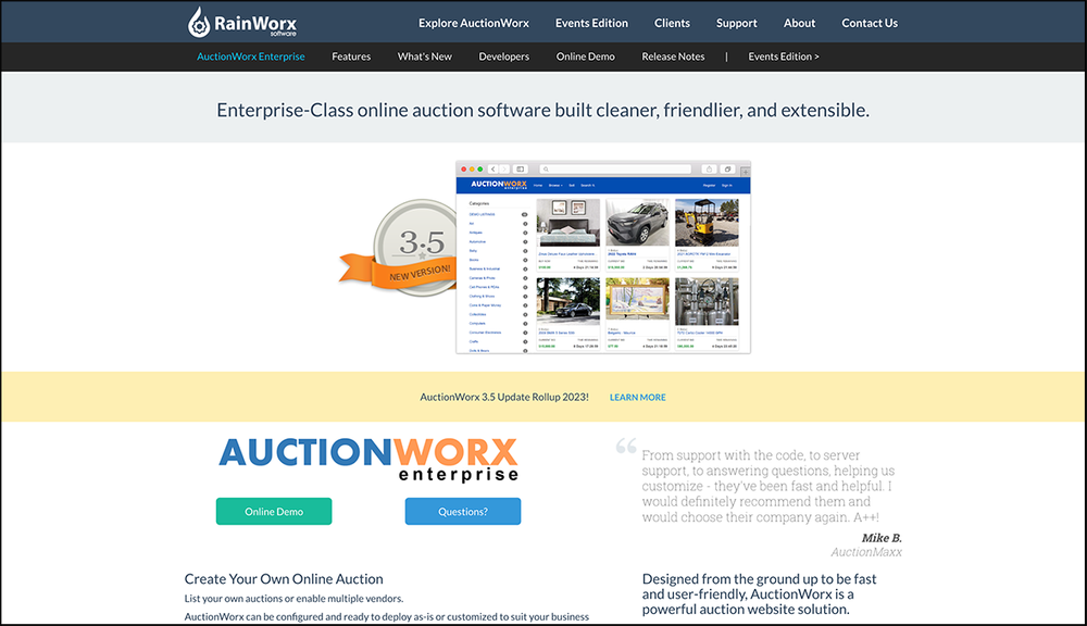 A screenshot of the AuctionWorx homepage.