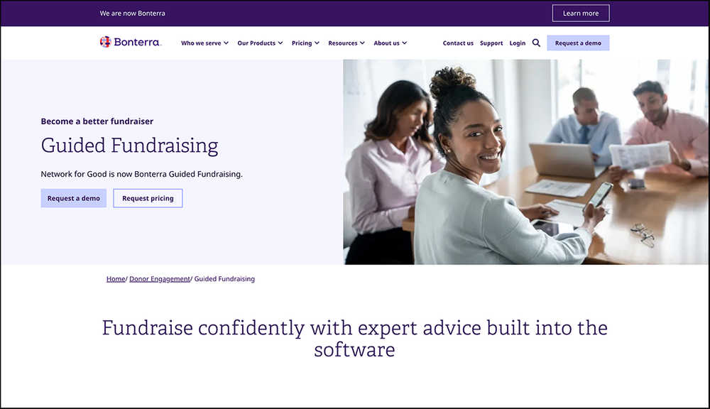 A screenshot of the Bonterra Guided Fundraising page, which briefly mentions the auction management software add-on.