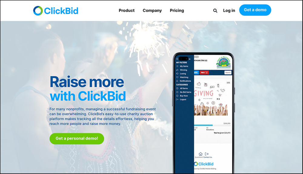 A screenshot of ClickBid’s homepage.