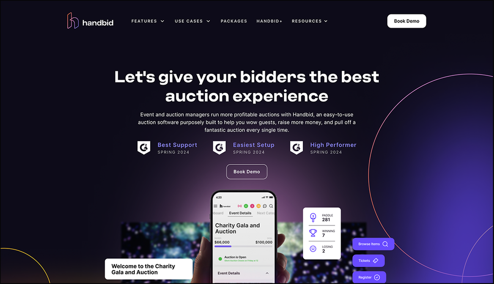 A screenshot of Handbid’s homepage.