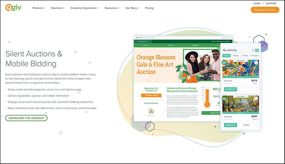 A screenshot of Qgiv’s Silent Auctions & Mobile Bidding page.