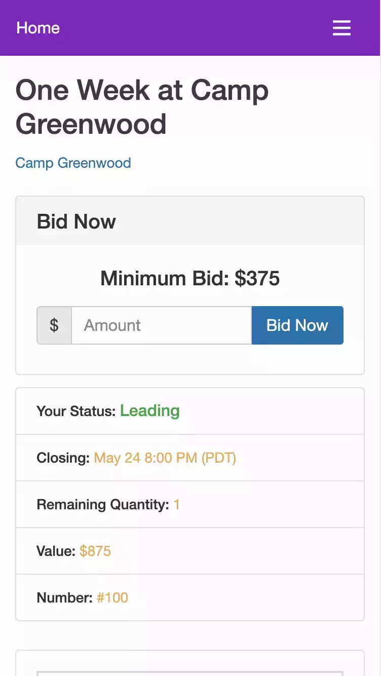 An example of mobile bidding at a fundraising auction.