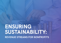 A person calculating finances beside rising stacks of coins, overlaid with the title 'Ensuring Sustainability: Revenue Streams for Nonprofits.'