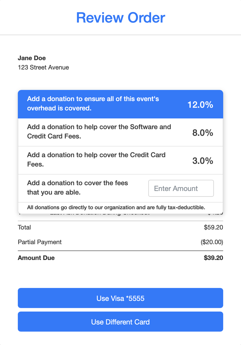 Last Ask suggested percentage options at checkout